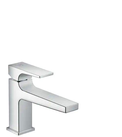 Einhebel-Waschtischmischer von Hansgrohe mit quadratischem Design und einem Hebelgriff. Oberfläche in Chrom. Integrierte Push-Open-Ablaufgarnitur.